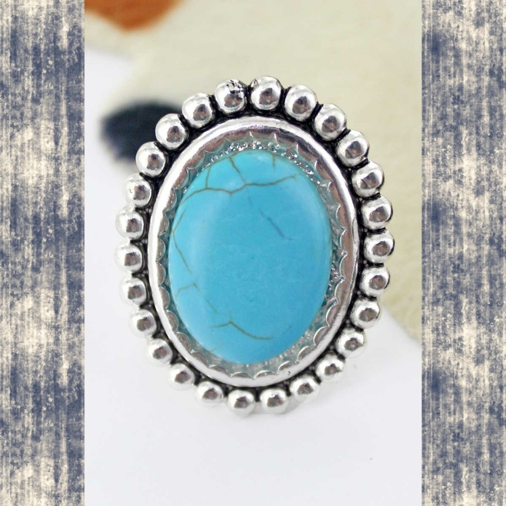 Free Spirit Boho Native South Western People Faux Turquoise Oval Beaded Ring nwt - Picture 4 of 15